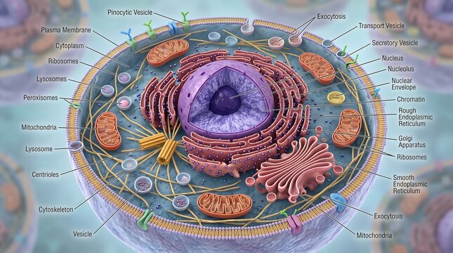 Labeled Human Cell Anatomy 3D Scientific Illustration