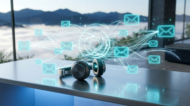 Futuristic digital communication and audio messaging hologram with floating glowing blue email envelope icons over modern wireless headphones concept