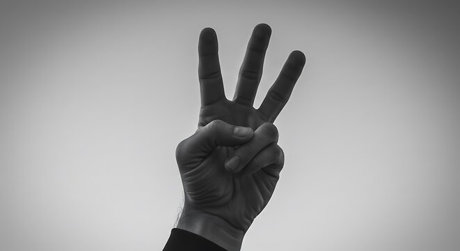 Hand showing three fingers in black and white.