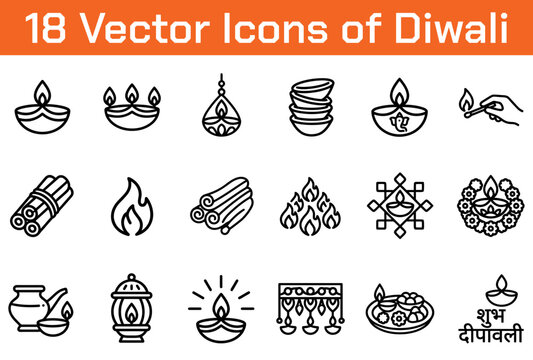 Eighteen vibrant diwali-themed vector icons collection