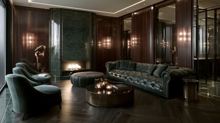 Obraz premium Luxurious dark living room with elegant furniture, rich textures, and modern design elements for sophisticated interior inspiration and captivating ambiance