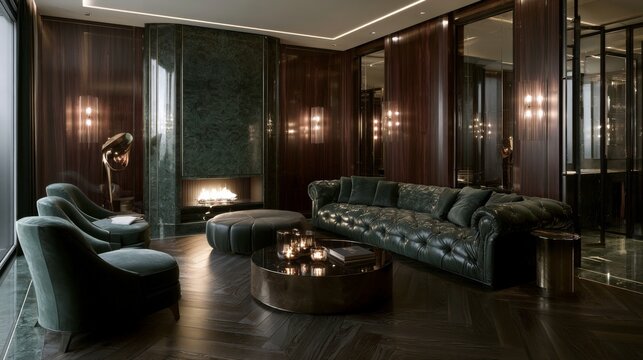 Luxurious dark living room with elegant furniture, rich textures, and modern design elements for sophisticated interior inspiration and captivating ambiance