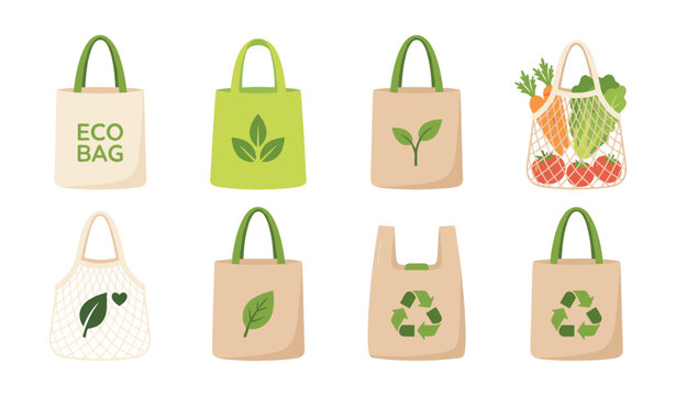 Eco Friendly Reusable Shopping Bag Vector Illustration Set with Cotton Tote Bags Net Bags and Recycle Symbols for Organic Grocery Designs