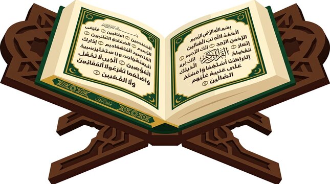 Open Holy Quran with Arabic calligraphic pages on wooden rehal holder vector illustration for Islamic religious reading