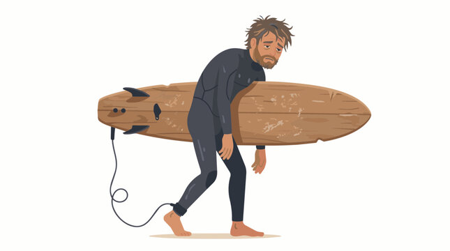 Exhausted male surfer in a wetsuit carrying a heavy wooden surfboard after a long day of waves in a flat vector illustration style for coastal theme