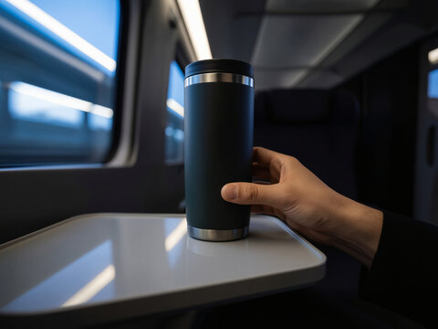 Modern business travel with coffee mug inside a fast bullet train