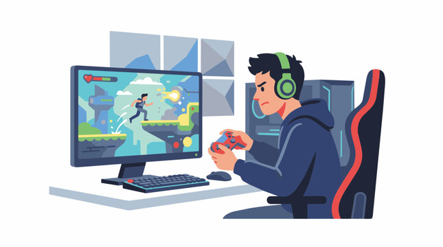 Young male professional competitive gamer playing an intense action video game on a desktop computer setup at home in a comfortable gaming chair