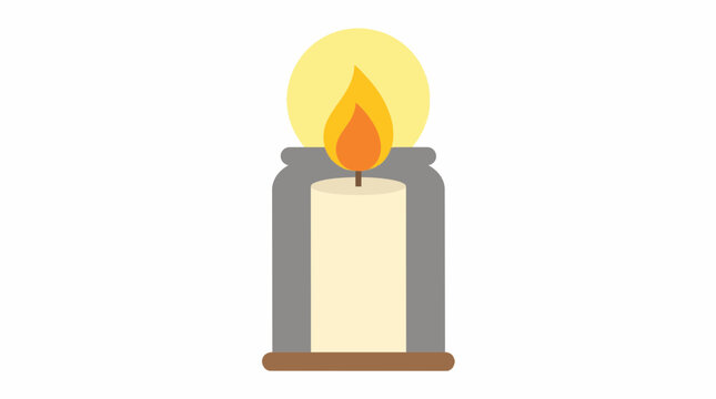 A minimalist flat design illustration featuring a single glowing wax candle inside a decorative glass holder providing soft warm light for relaxation