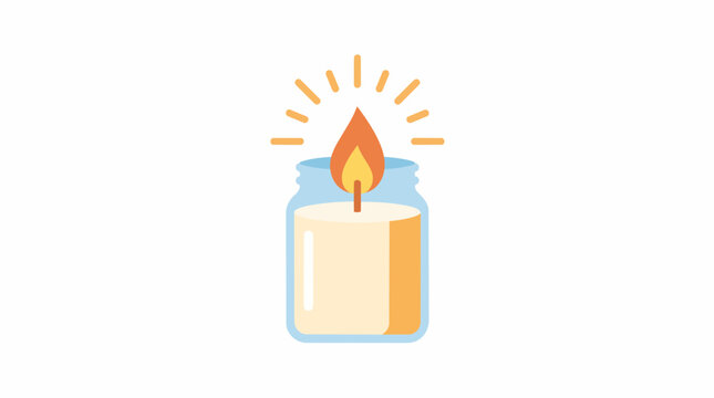 Minimalist vector illustration of a scented wax candle burning inside a clear glass jar with radiating light rays for cozy home decor concepts