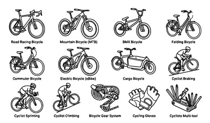 Fototapeta premium Bicycle Types and Cycling Equipment Icon Set with Road Racing, Mountain, Electric, Cargo, and Folding Bikes for Sport and Transportation Graphic Designs