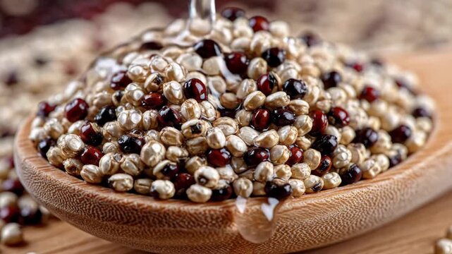 Close-up of mixed cereal grains in a wooden spoon