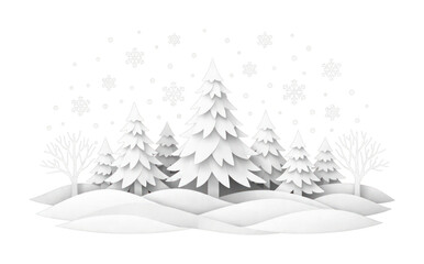 Fototapeta premium PNG Paper cut winter forest with snowflakes and trees.