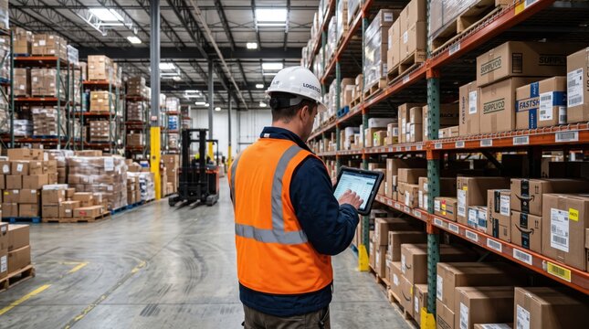 Warehouse worker scanning inventory boxes with tablet computer, logistics and supply chain management, industrial storage facility, distribution center operations, safety vest
