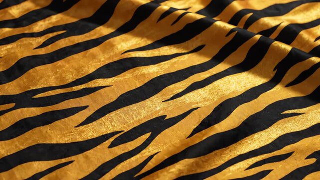 Abstract fabric background featuring wavy tiger stripes texture with golden and black silk material moving in gentle slow motion ripples