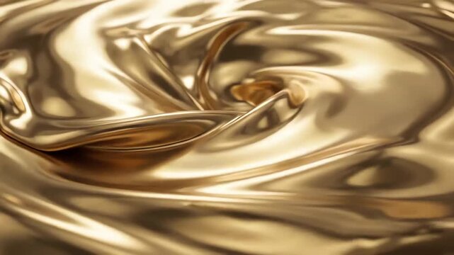 Abstract high gloss gold liquid swirling smoothly on a pure white background with reflective highlights and elegant motion