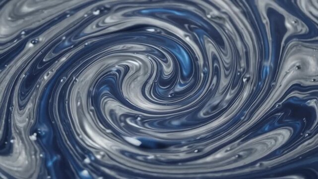 Abstract indigo and silver metallic liquid marble texture flowing smoothly in a mesmerizing swirl pattern with deep blue highlights and glossy finish