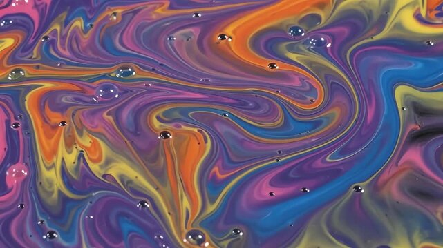 Abstract liquid tie dye waves with vibrant pink purple blue orange and yellow reflections flowing across a smooth surface