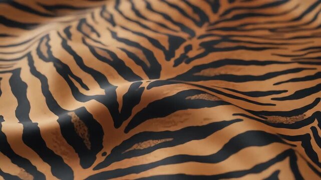 Abstract luxury fabric texture with orange and black tiger stripes pattern waving gently in a soft light breeze