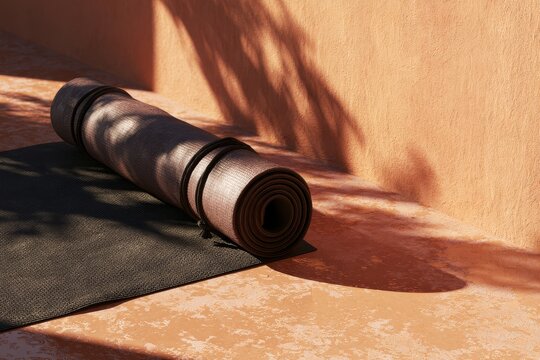 In low-angle view after rain, a morning yoga corner in a desert courtyard with rolled mat and earthen stucco texture.