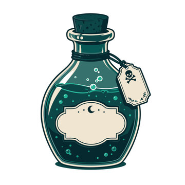 Halloween Potion Bottle with Blank Label, Skull Tag and Bubbly Dark Teal Liquid