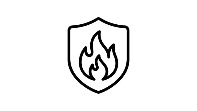 Shield with fire flames outline icon isolated on transparent background.