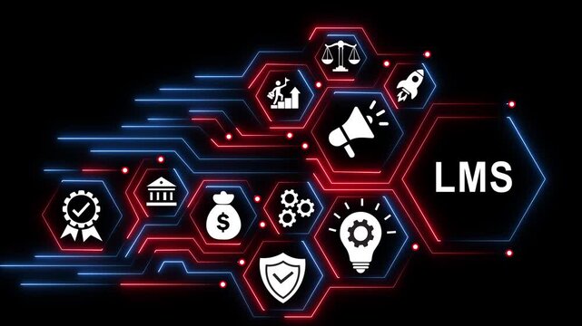 Lms learning management system digital network concept with glowing hexagon and data flow e-learning