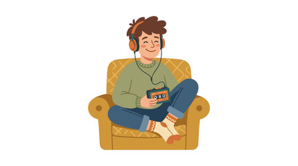 Young man happily listening to music with a retro cassette player in an armchair.
