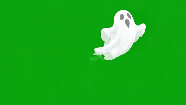 Animated translucent white ghost flying and swooping across a bright green screen background for video editing and compositing