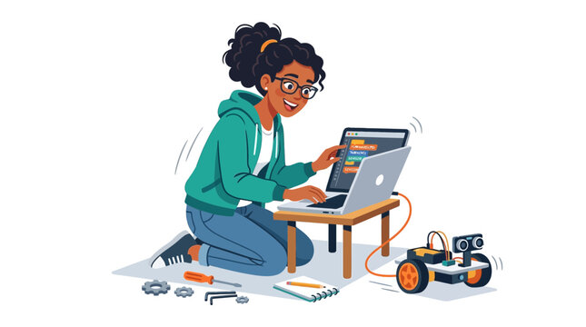 Young girl programming a robot with a laptop