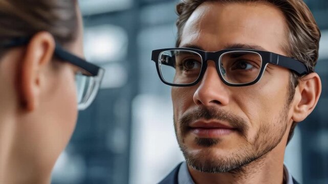 Man Wearing Eyglass Frame During Professional Consultation and Adult Portrait Conversation Office