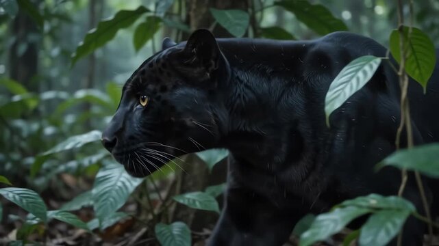 Cinematic close up of a black panther prowling through dense tropical jungle at night with glowing eyes focused on prey