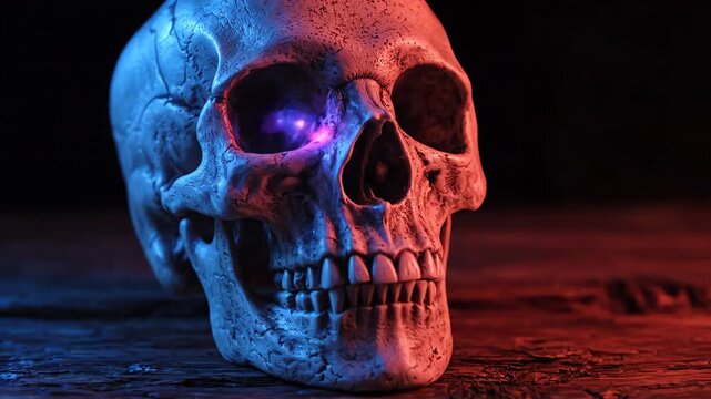 Cinematic low angle view of a human skull illuminated by flickering blue and red lights on dark textured wood surface