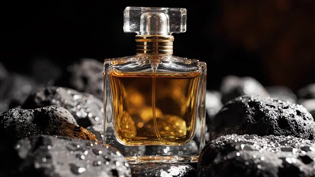 Cinematic wide angle shot of a luxury glass perfume bottle on dark basalt stones with soft lighting effects