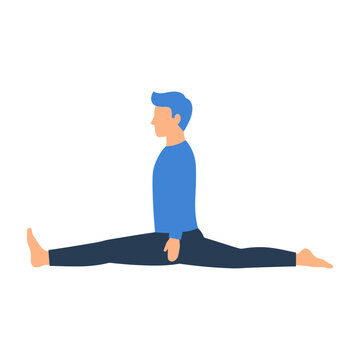 Man in blue shirt doing straddle stretch exercise