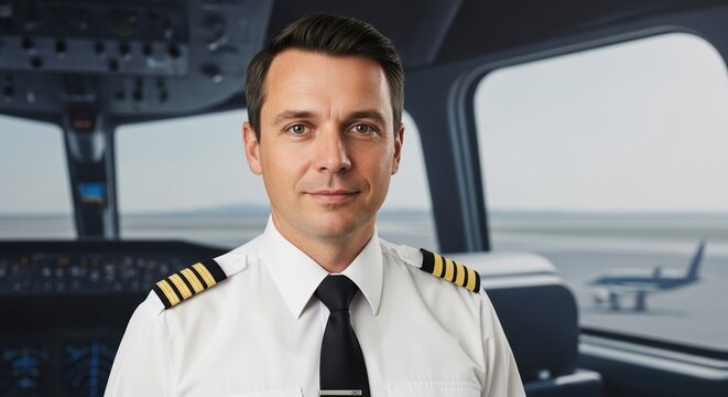 Professional airline pilot sitting in the cockpit of a commercial airplane during a flight