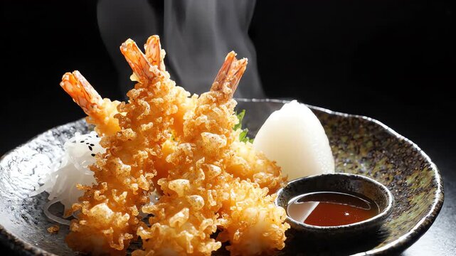Crispy golden shrimp tempura arranged on a dark ceramic plate with steam rising against a solid black background in an aerial top-down view