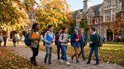 Fototapeta premium Group of diverse school children walking and talking on college campus lawn during autumn, carrying books and backpacks, cheerful social interaction