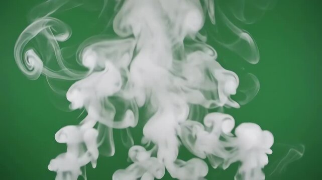 Dense white steam clouds rising and swirling against a bright green screen background for digital video compositing