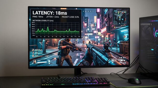 Modern computer monitor displaying high performance video game gameplay metrics with vibrant city neon lights during a fast paced match