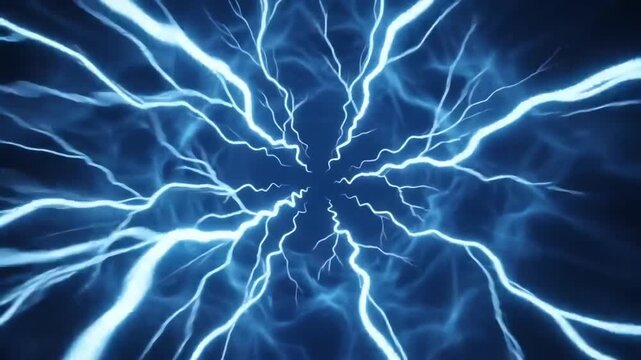Electric blue lightning bolts flashing and pulsating across a deep sapphire blue background with forced perspective motion