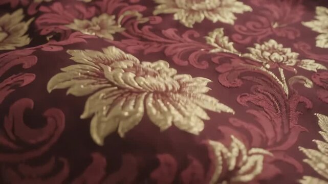 Elegant damask pattern fabric with deep berry red textures and shimmering gold floral ornaments moving slowly across the textile