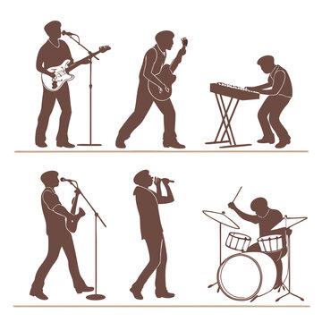 Live stage performance silhouettes of singers guitarists and keyboard players arranged in two rows for festival branding and musical event advertisement templates.