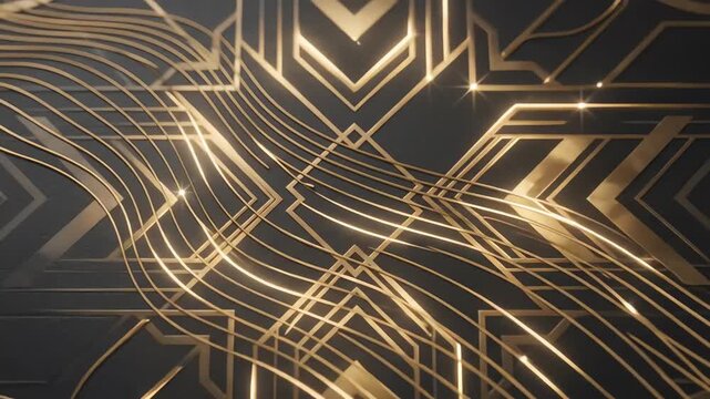 Elegant art deco black and gold texture background with moving geometric patterns and shimmering golden lines flowing across a matte dark surface