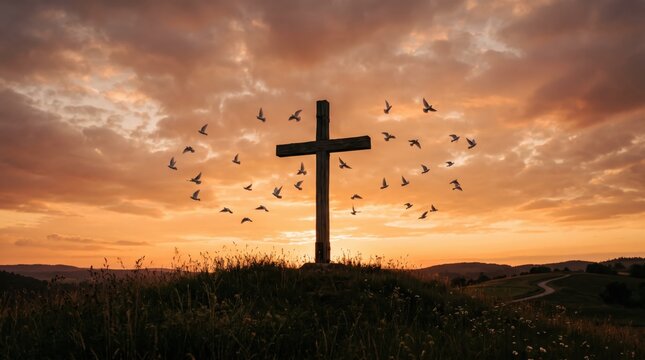 Wooden christian cross silhouette on hill at sunset with flock of birds flying, spiritual faith and religious hope concept.
