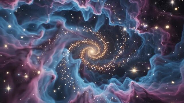 Ethereal abstract swirling nebula with glowing dust particles and bright stars drifting through a deep cosmic void in a seamless loop
