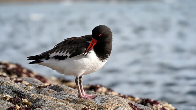Eurasian oystercatcher bird standing on the rocky shore of Inchcolm Island Scotland with a soft blurred background of the sea