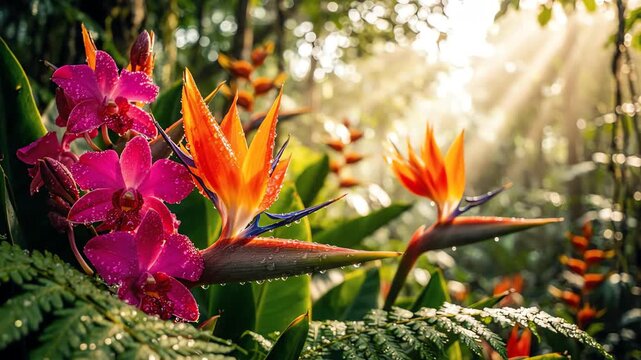Extreme close up of vibrant tropical flowers swaying gently in a lush jungle with soft sunlight filtering through dense green leaves