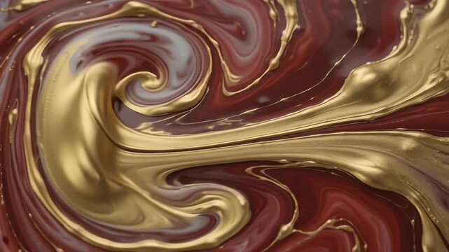 Extreme close-up of luxurious abstract red marble texture with swirling gold veins and smooth liquid motion background