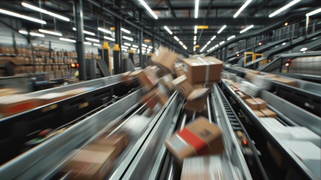 Hyperrealistic shot capturing automated parcel sorting with small chutes Canon EOS R5 24mm lens at f8
