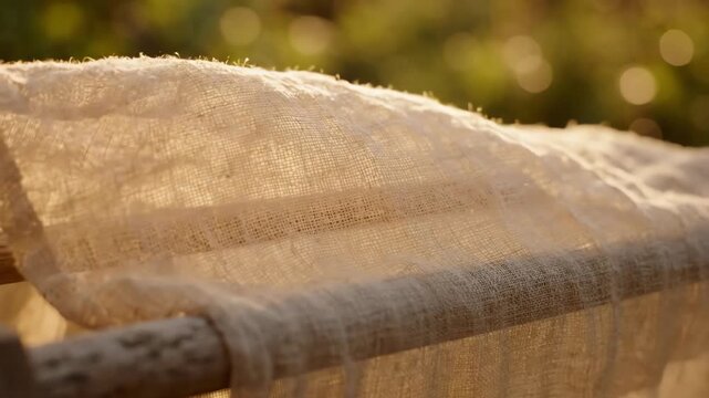 Extreme slow motion macro view of delicate beige fabric texture gently rippling and flowing in a soft breeze on a wooden rack outdoors